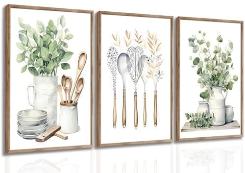 Boho Farmhouse Kitchen Wall Art Sage Green Plants Painting Pictures Dining Room Wall Decor Eucalyptus Leaves Green Botanical Poster Print Artwork for Farmhouse Kitchen Home Decor Unframed
