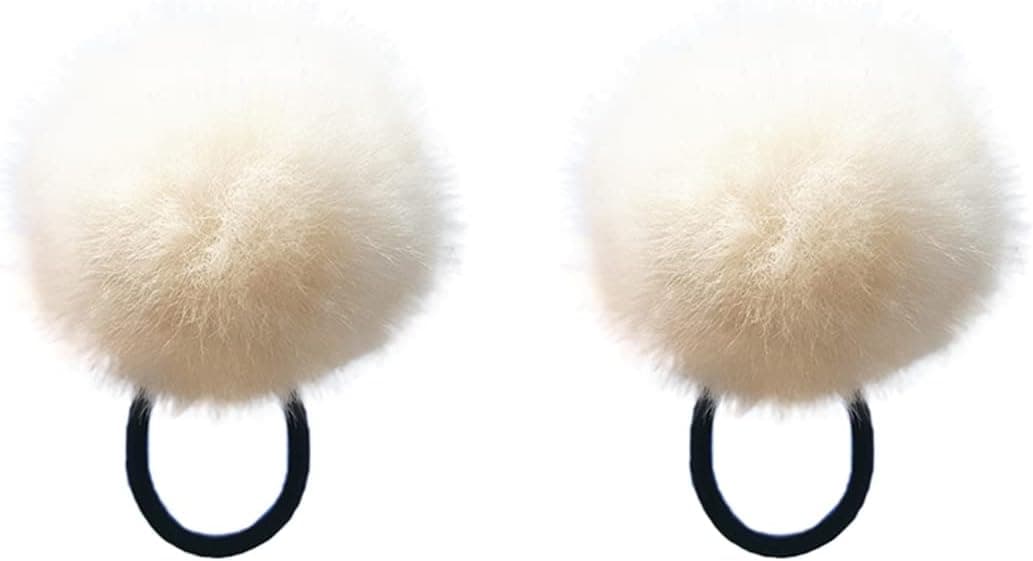 ECYC Pom Hair Ties 2 Pcs Pom Pom Elastic Hair Ties Cute Pompom Hair Bands Fluffy Ponytail Holders for Women and Girls White