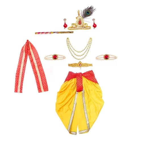 ITSMYCOSTUME Krishna Dress for Baby Boy Kids Set of 10(Dhoti,Patka,Hip Cover,Mukut,Morpankh,Bansuri,Kamarband,Bajuband,Kundal) Little Krishna Ji Kanha Janmasthmi Costume for Kids(Red Yellow)