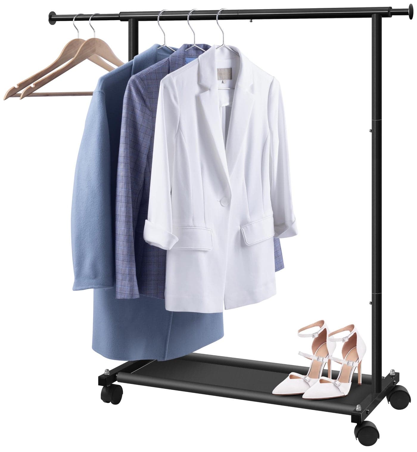 MISSLO Short Clothing Racks for Hanging Clothes with Bottom Shelves and Wheels Heavy Duty Rolling Clothes Rack Kids Clothing Rack for Adult Coat Closet Wardrobe Black