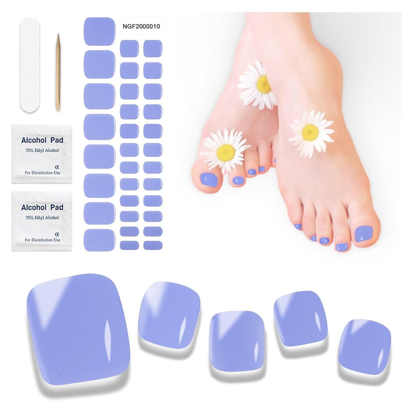 Semi Cured Gel Pedicure Strips | 32pcs (K Blue) Gel Toenail Stickers for Women Girls Works with Any UV Lamps Includes Nail Pads Nail File & Wood Stick