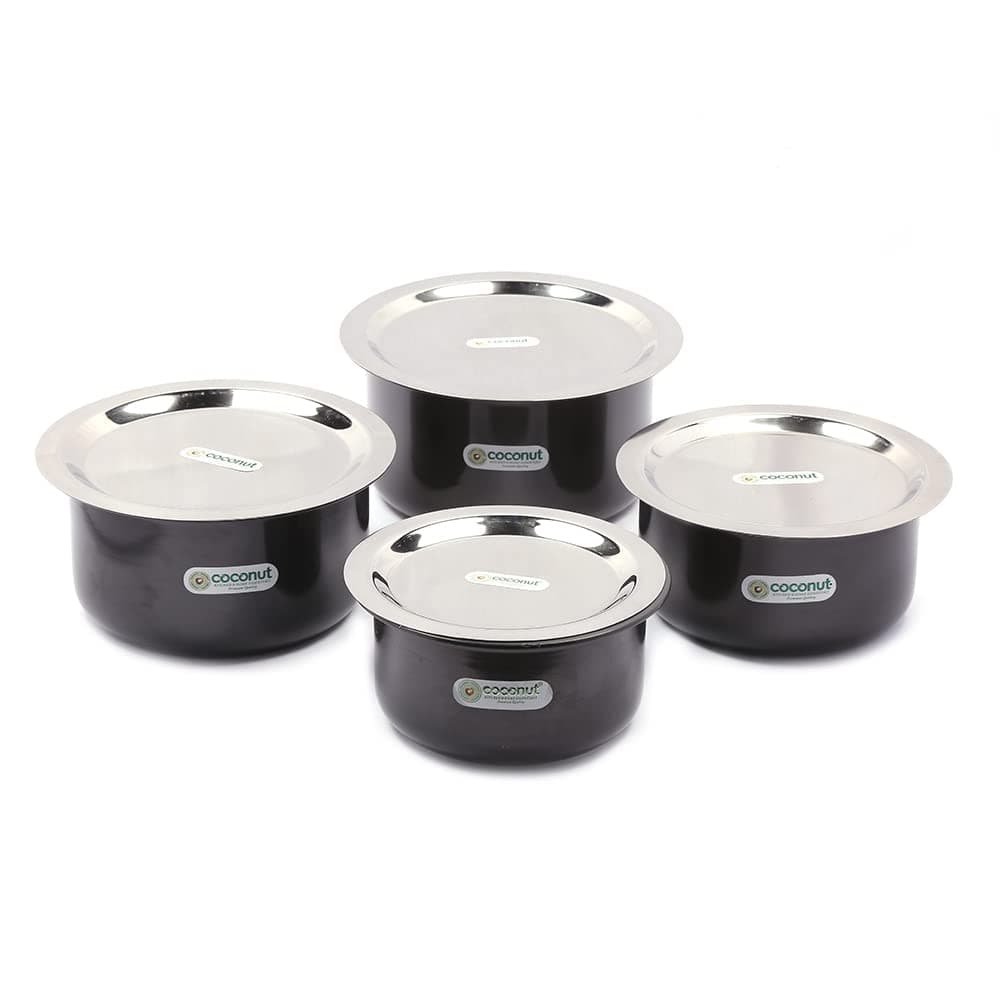 Coconut Hard Anodised Tope for Cook and Serve with SS Lid and Gas Stove Induction Base Top Compatible 3 Unit Capacity 2 Litre 25 Litre 3 Litre 35 Litre Dimension 20Cm 21cm 23cm24cm