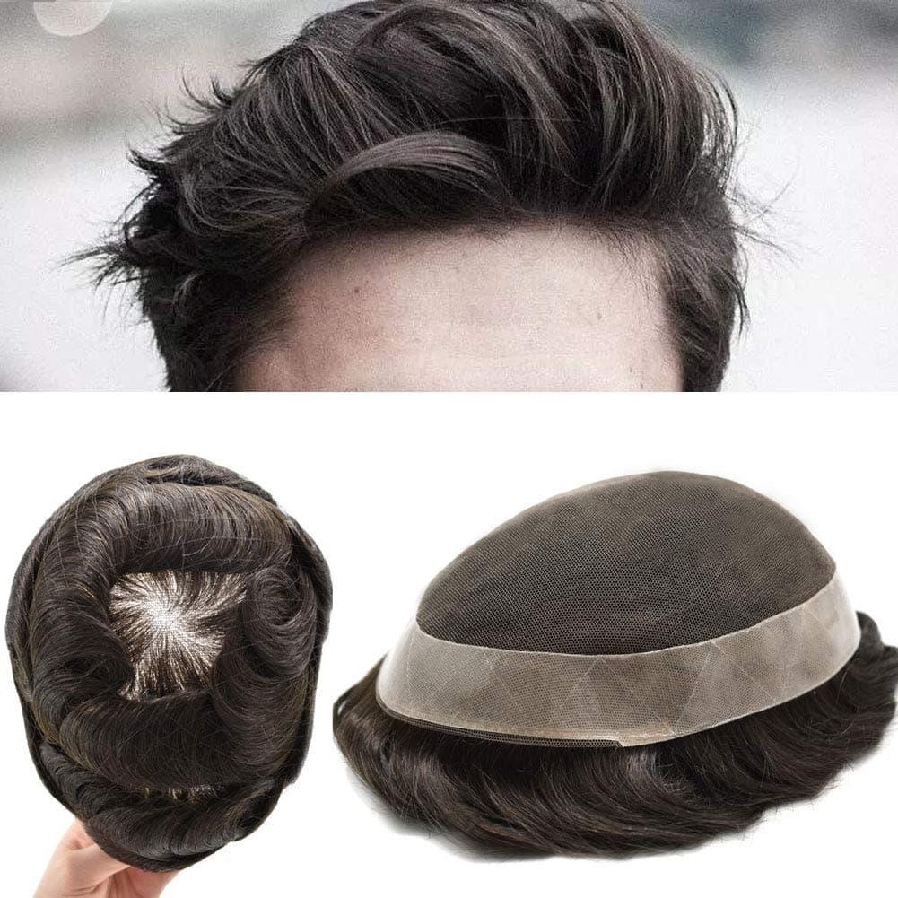 LYRICAL HAIR French Lace Hair System for Men Pu Around Mens Toupee Human Hair Toupee for Men Hairpiece 120 Medium Light to Medium Density 1 Jet Black 8X10