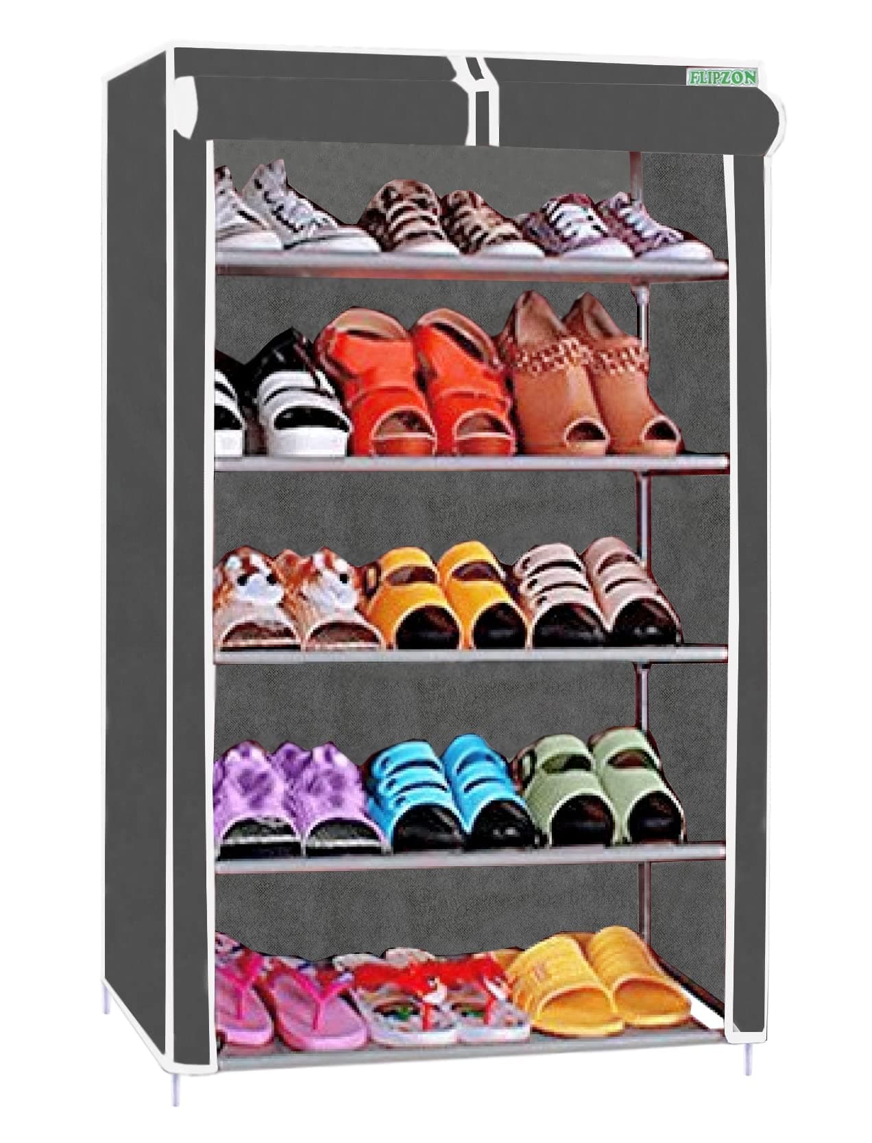 FLIPZON Multipurpose 5 Shelves Shoe Rack with Zip Door Cover & Side Pockets, Multiuse Storage Rack for footwear, Toys, clothes with Dustproof Cover (5 Shelves) (Black, Plastic)