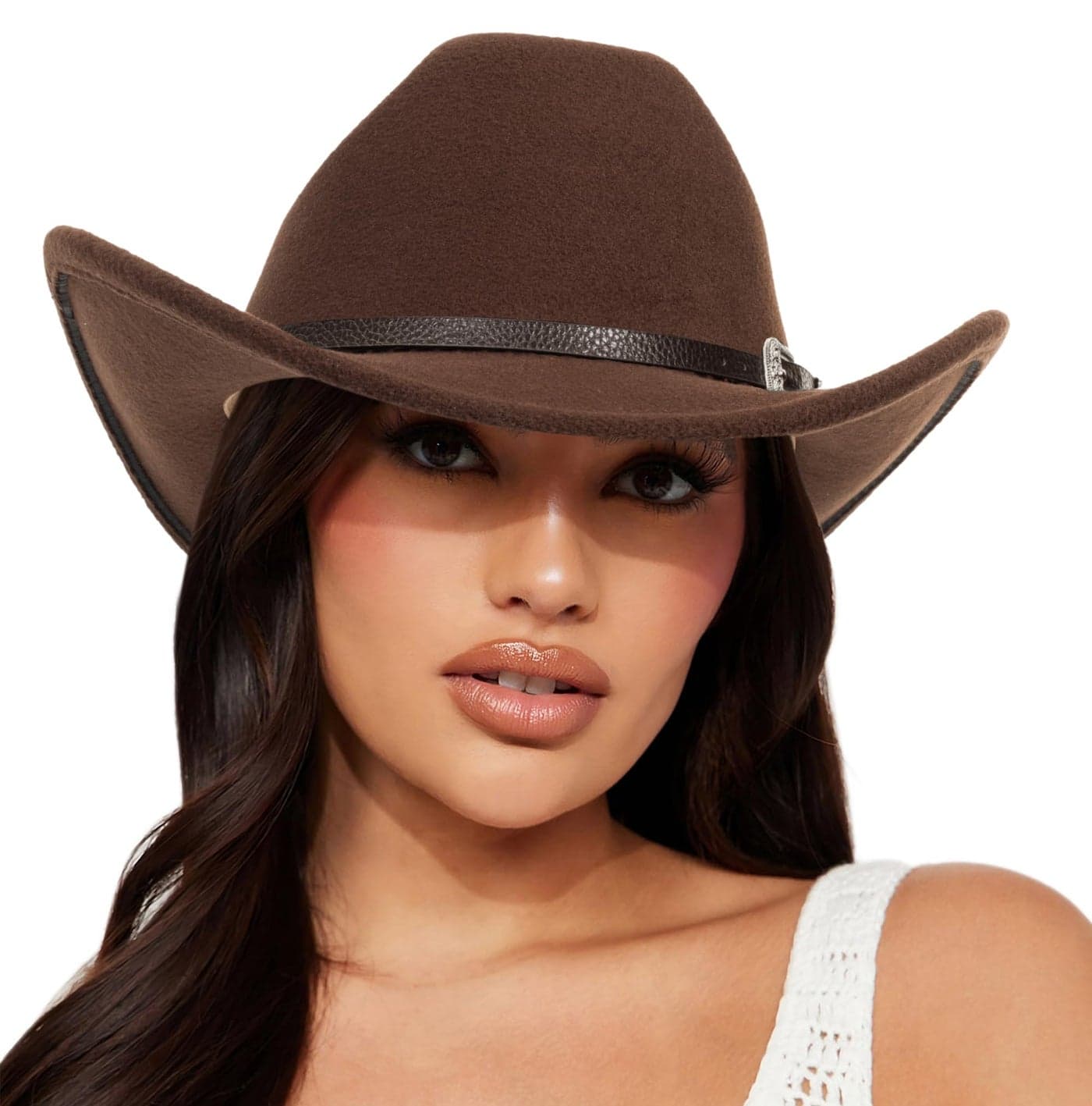Womens Western-Cowboy-Hats Classic Felt-Hats - Rodeo Wide-Brim-Cowgirl Jazz-Hat with Buckle Belt(Lagre) Coffee