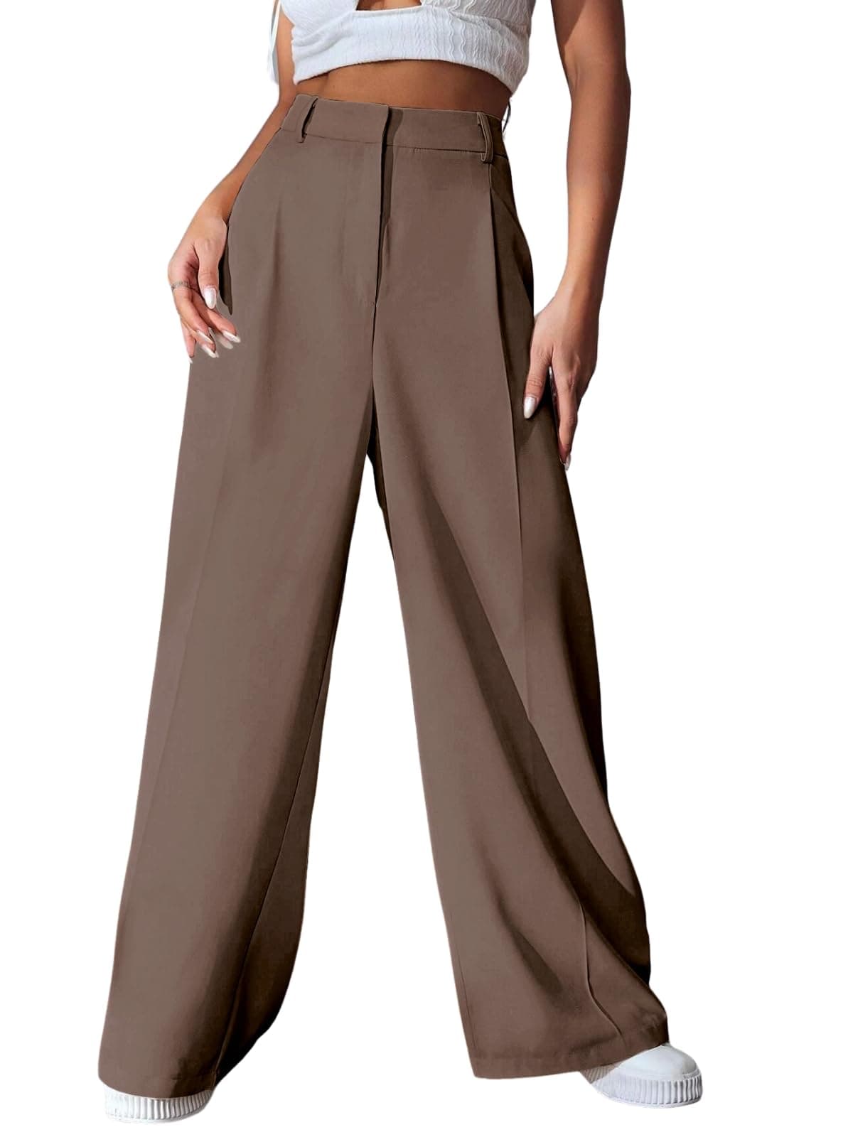 Greciilooks High Waist Trousers for Women – Flared Korean Style Formal Pants | Elegant Workwear for Office, College & Events Coffee