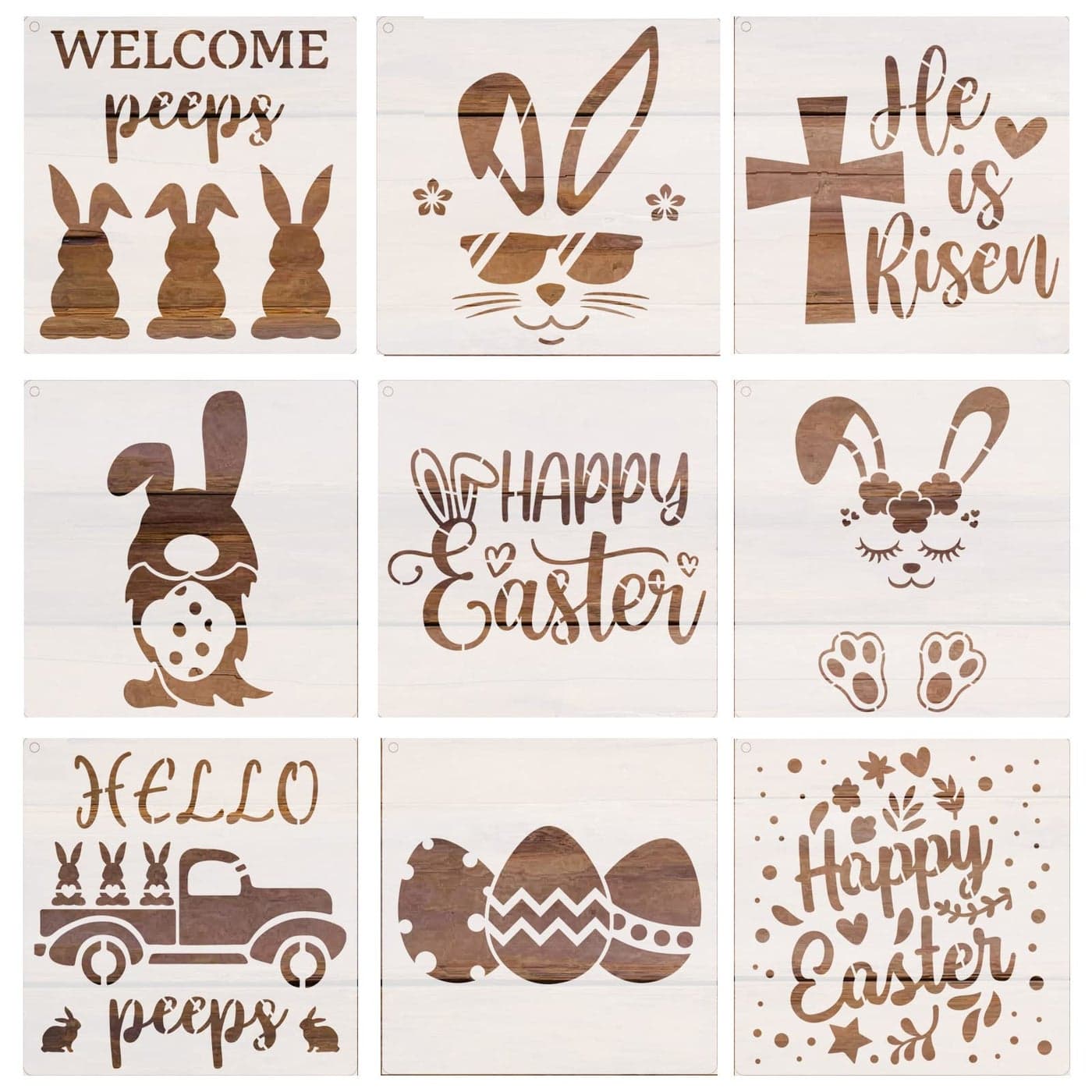 9 Pcs Easter Stencils for Painting on Wood Reusable GnomesEggsBunnyHe is RisenHappy EasterWelcome Peeps Painting Stencils for Walls Crafts Canvas Floor Fabric Easter Decorations