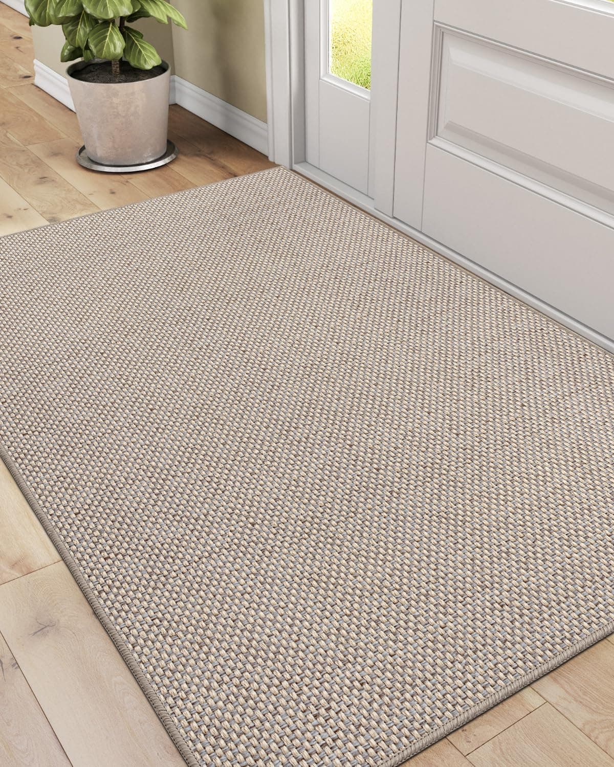 DEXI Door Mat Inside Entrance 35x56 Ultra Non Slip Rubber Backed Dirt Trapper Low Profile Thin Welcome Doormat Absorbent Easy Clean Entry Mats for Entryway Patio Beige