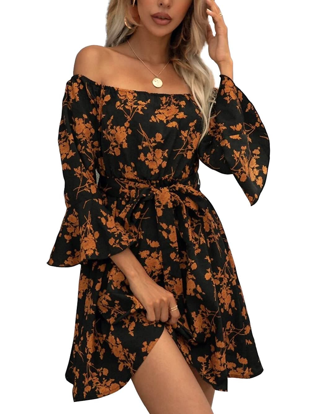 JECEIKA Womens Off Shoulder Dress Ruffle Floral Fall Wedding Guest Dresses 2025 A Line Tied Belted Short Skater Dress, Caramel, Medium