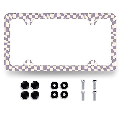 Purple Checkerboard License Plate Frame Colorful Checkered Mosaic Elements License Plate Personalise Stainless Steel Auto Parts Funny License Plate Decoration Screws 12.3" x 6.3"