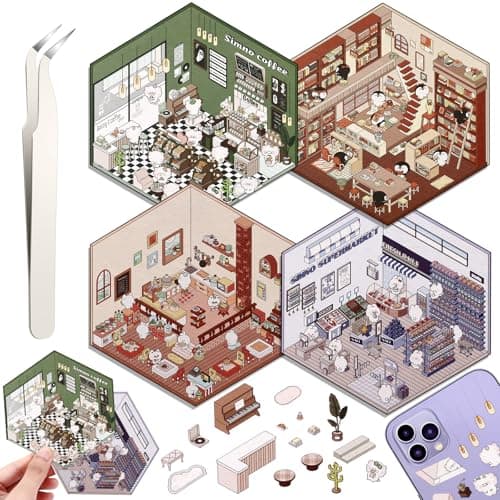 DIY 3D House Stickers, 4 Set Fun DIY Stickers Scene Make Your Own Warm Home, Supermarket, Coffee Shop, Music Bar, Cute 3D Cartoon Scene Sticker for Adult Kids Relief Stress Pass The Time
