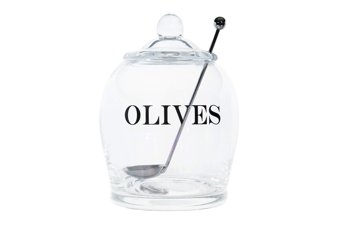 Creative CoOp Clear Glass OLIVE Jar with Lid Slotted Stainless Steel Spoon Set of 3 Pieces including Lid