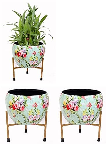 ROYAL SAPPHIRE Metal Pot with Stand for Indoor Plants | Indoor Round Planters with Metal Stand(Pack of 2) Floral