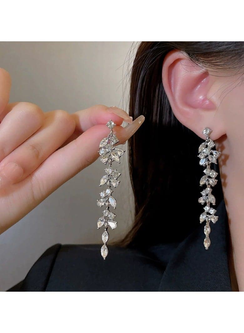 S925 Sterling Silver Long Tassel Zircon Earrings for Women – Exaggerated Statement Drop Dangle Earrings, Glamorous Party Jewelry, Trendy INS Style