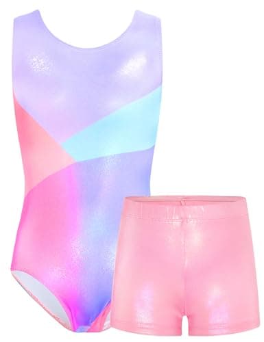 TENVDA Gymnastics Leotards for Girls 4t 5t Sparkly Pink Blue Tank Tumbling Outfit Activewear Matching Shorts Sets Size