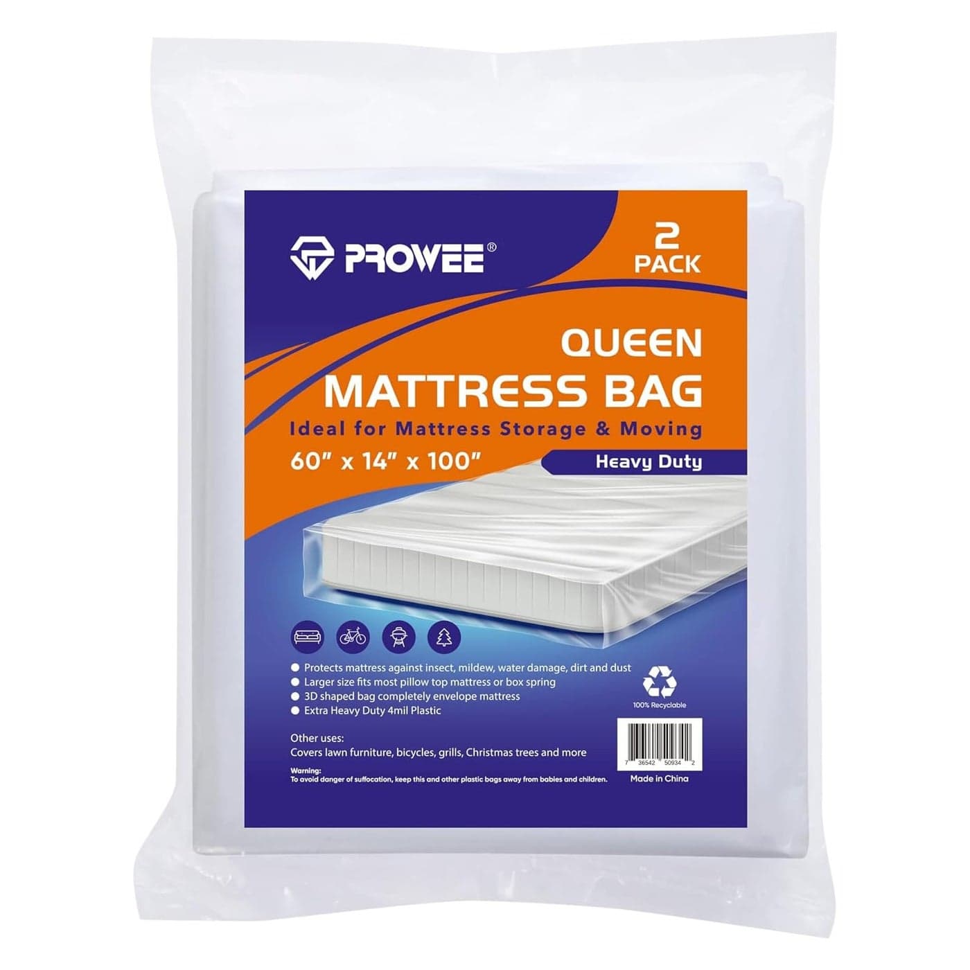 PROWEE 2 PK 4Mil Heavy Duty Queen Mattress Bags for MovingClear Plastic Mattress Bags for Storage Queen Mattress Cover for Moving