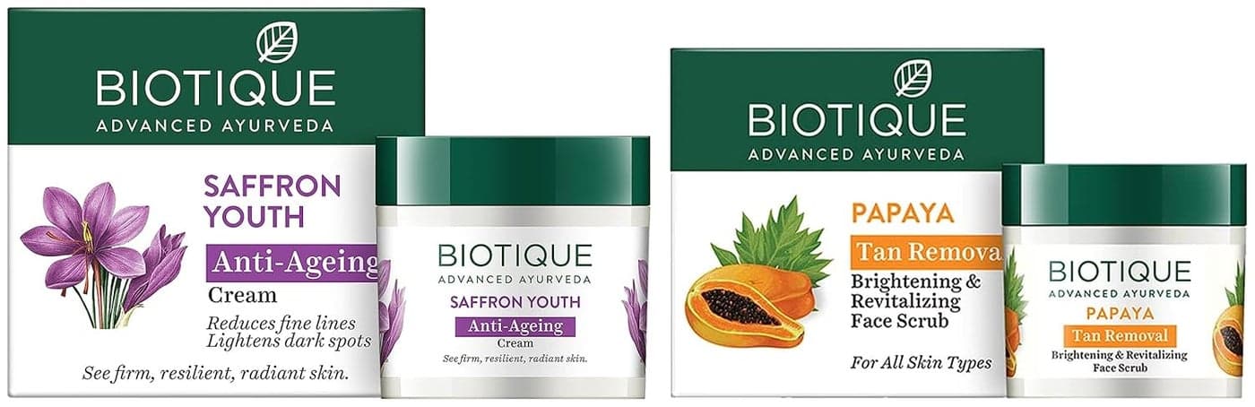 Biotique Bio Saffron Dew Youthful Nourishing Day Cream For All Skin Types 50G And Biotique Bio Papaya Revitalizing Tan Removal Scrub 75g