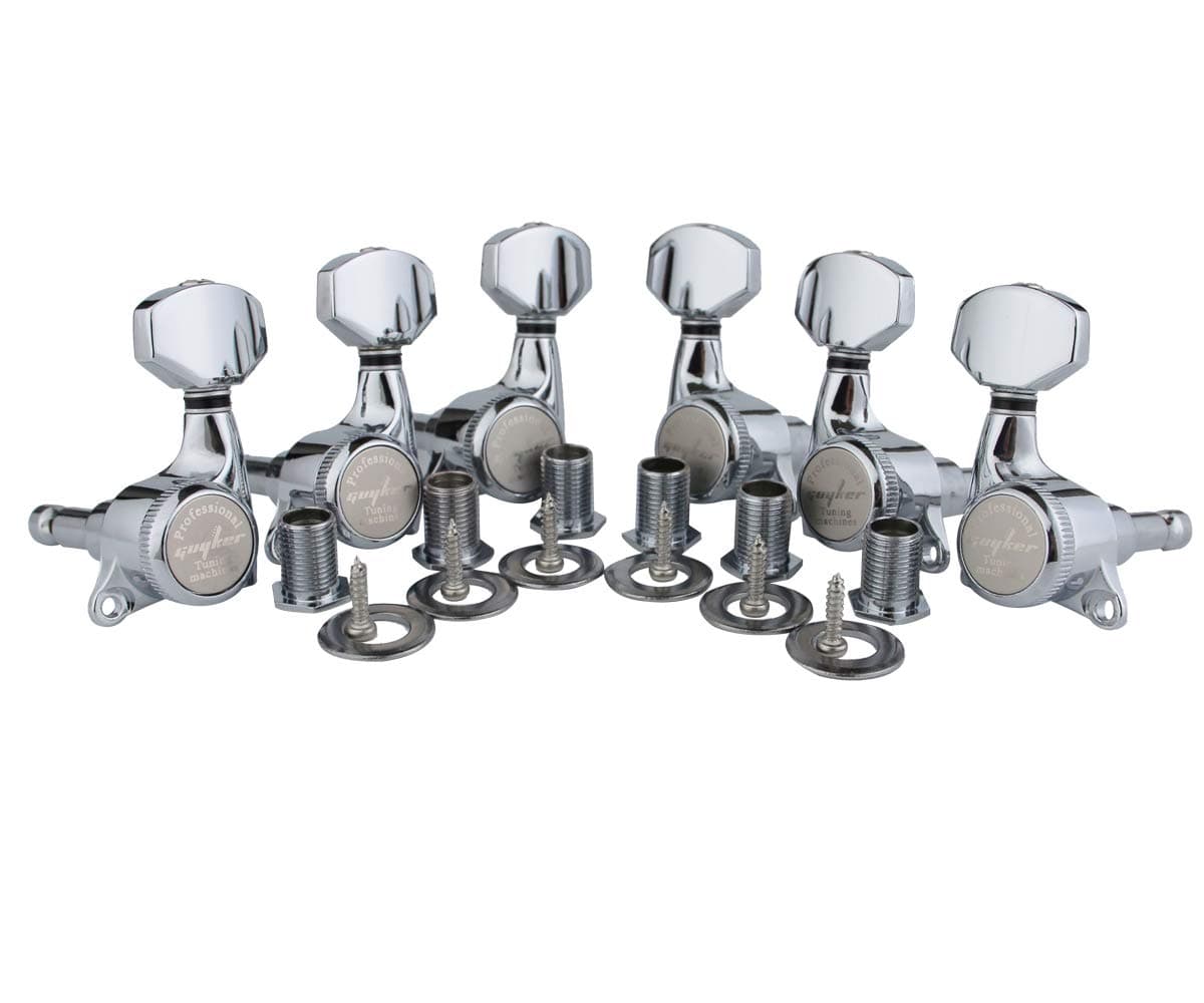 Guyker Guitar Locking Tuners (3L + 3R Handed) - 1:18 Ratio Lock String Tuning Key Pegs Machine Heads with Hexagonal Handle Replacement for LP SG Style Electric, Folk or Acoustic Guitars- Chrome