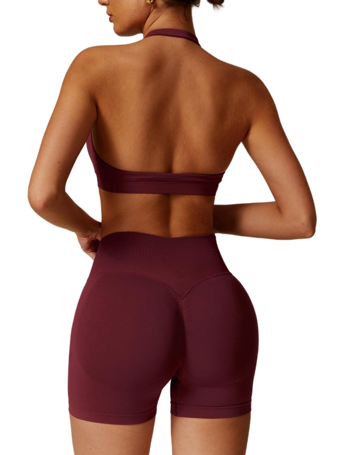 ABOCIW Workout Sets for Women Seamless High Waist Scrunch Butt Lifting Gym Impact Shorts Halter Sports Bra 2 Piece Yoga Outfits Burgendy Red X-Small