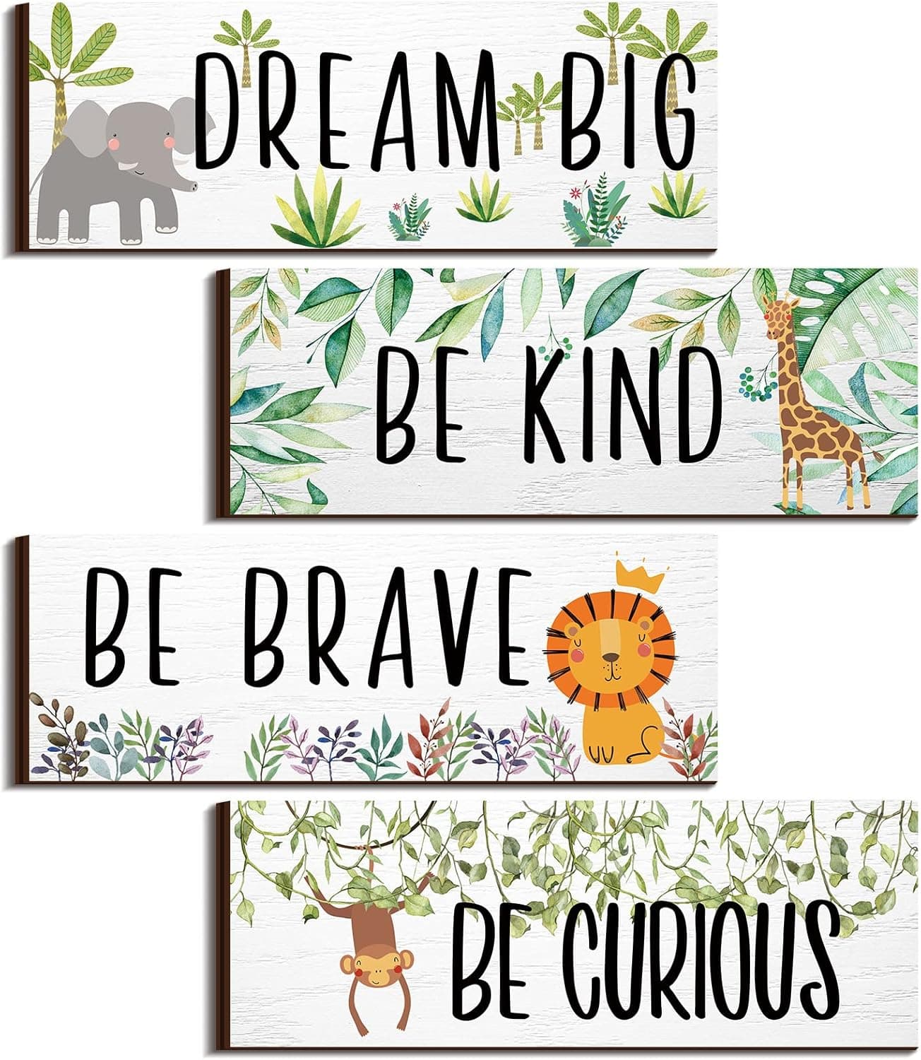 Yookeer 4 Pieces Woodland Nursery Decor Safari wall art Be kind brave curious Cute Jungle Animal Nursery Decor for Bedroom living room home 11x 39 InchesLively AnimalsWhite Background