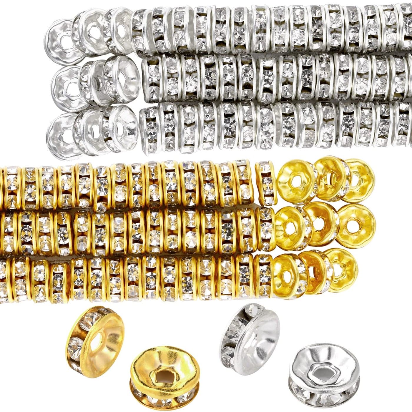Hicarer 800 Pieces Round Rondelle Spacer Beads Crystal Rhinestone Loose Charm Beads for Jewelry Making8 mmGold Silver