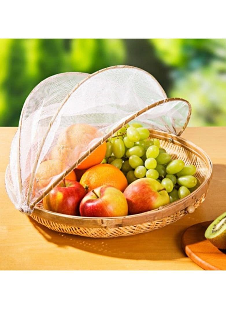 Hand-Woven Food Serving Basket Dustproof Round Picnic Basket Food Tent Basket with Mesh Gauze Cover for Vegetable Fruit Bread