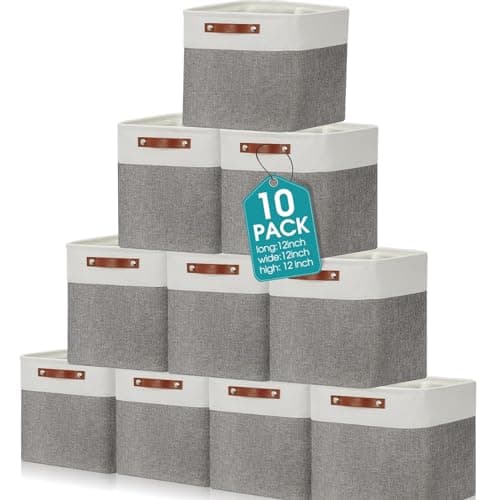 Uiifan 10 Pcs Collapsible Storage Bins Fabric Foldable Storage Basket with Handles Cloth Organizer Linen Shelf Baskets for Shelves Home Closet Nursery Toys(12 x 12 x 12 Inch,Gray and White)