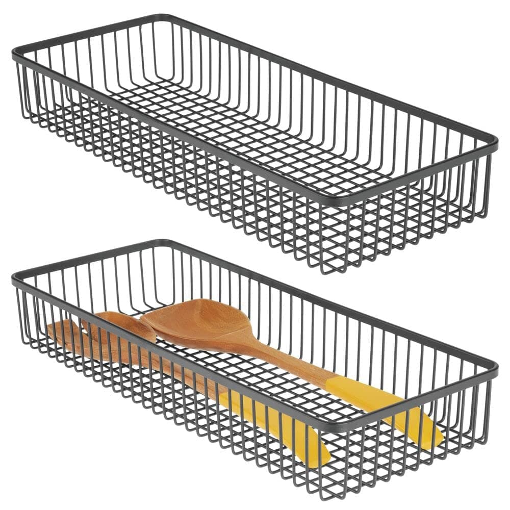 mDesign Metal Farmhouse Kitchen Cabinet Drawer Organizer Tray Storage Basket for Cutlery Serving Spoons Cooking Utensils Gadgets 2 Pack Black