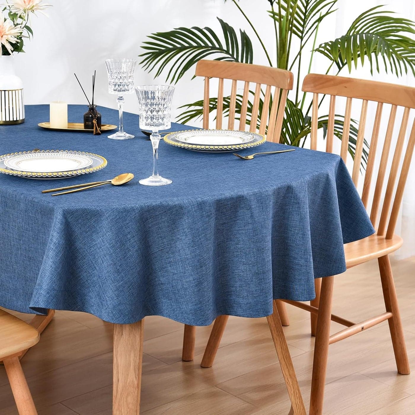 Wolkemer Faux Linen Small Oval Tablecloth Heavy Duty Wrinkle Resistant Fabric Table Cloths 52 x 70 Inch Navy Blue Farmhouse Rustic Table Cover for Kitchen Dining Indoor Outdoor Tabletop Decoration
