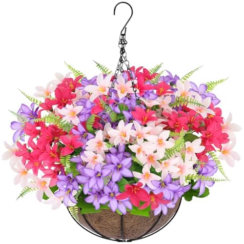 Artificial Faux Hanging Plants Flowers Basket for Outdoors Spring Summer Decoration Hanging Planters with Fake Silk Hyacinth Flower UV Resistant for Outside Porch Patio Balcony Garden Purple Fuchsia