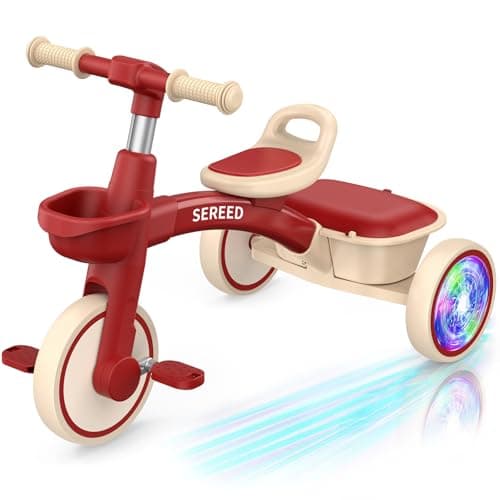 SEREED Colorful Lighting Toddler Tricycle for 25 Years Old Boys Girls Adjustable SeatHandlebar Trike Removable Basket Birthday Gift Idea for Kids Ages 2 Red