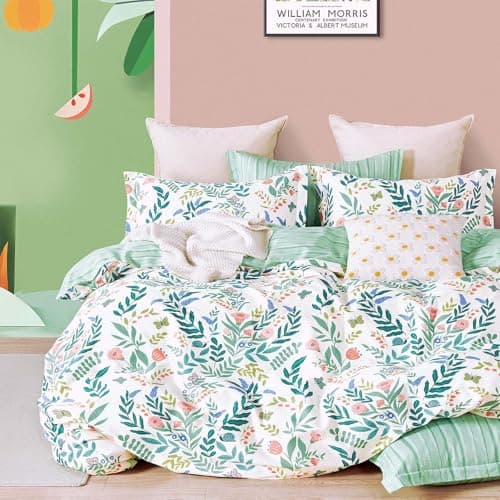 ALEISSEL Botanical Cotton Comforter King Size 3Pcs - Cute Garden Floral Design with Green Leaves & Coral and Pink Flowers,Sage Striped Reverse,Lightweight Reversible Bedding Sets(King,104"×90")
