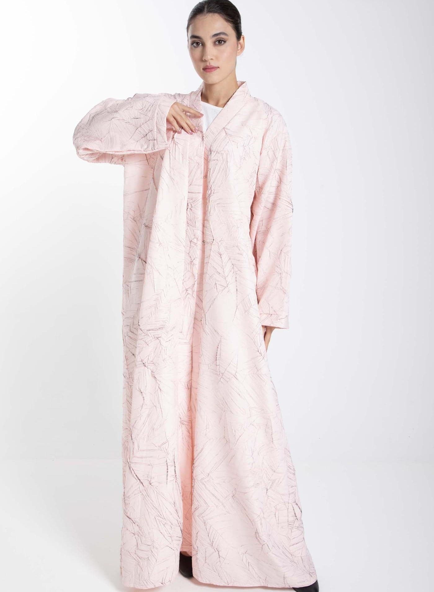 Pink Jacquard Abaya with Black Crushed Lines