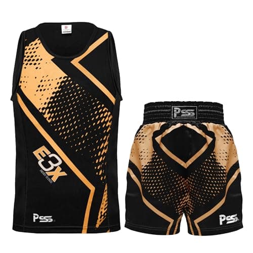 PSS Kids Boxing Uniform Set Sleeveless Tank Top Shorts Trunks for Boys Girls Youth Gear Ages 314 Stylish Training Sparring and Kickboxing Lightweight Breathable BlackGold 78 Years