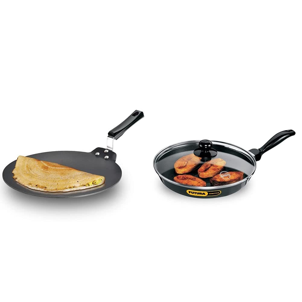 Hawkins Futura Nonstick Aluminium Dosa Tawa, 30Cm, Black & Hawkins - Q22 Futura Non-Stick Frying Pan with Glass Lid, 1.5 Litres/26Cm, Black