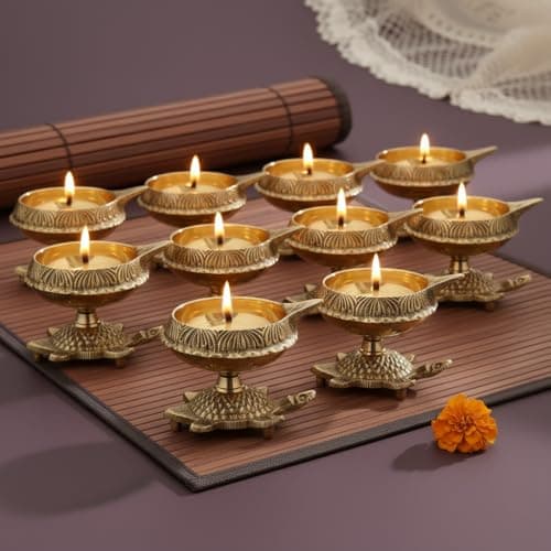 Collectible India Brass Diyas Oil Lamp Puja Lamp Engraved Design Dia with Turtle Base for Home Temple Pooja Articles Decor Gifts Diwali Decor Items, Brass Diya for Diwali Decoration for Home (10 Pcs)