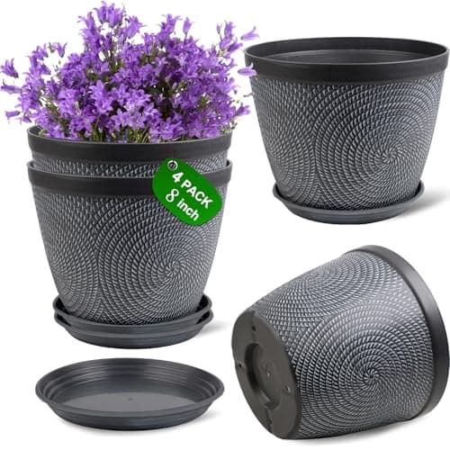 Quarut 4 Pack 8 Inch Flower Pots Planters for Outdoor Indoor Plastic Plant Pots with Drainage Hole Tray Modern Decorative Garden Pot with Saucer planters for House Gray