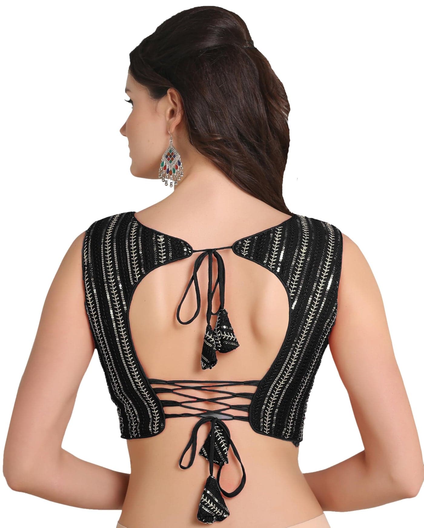 Pujia Mills Women's Indian Ethnic Wear Sabyasachi Sequence with Dhaga Embroidered Zari Work Sweetheart Neck Blouse Sleeveless Readymade Padded Saree Back Open String Pattern Blouse
