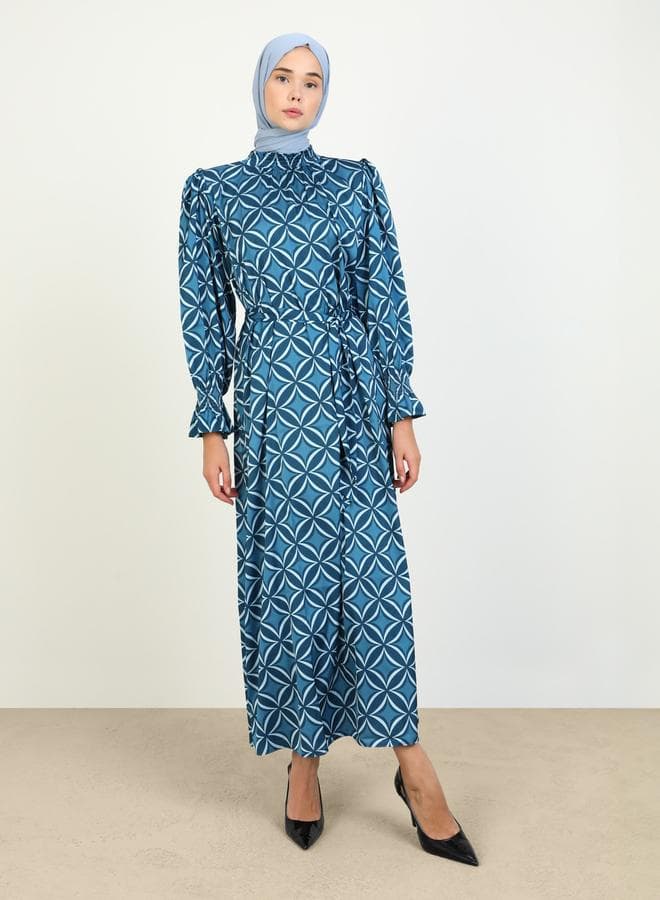 Refka by modanisa Blue All Over Print Modest Maxi Dress — 46