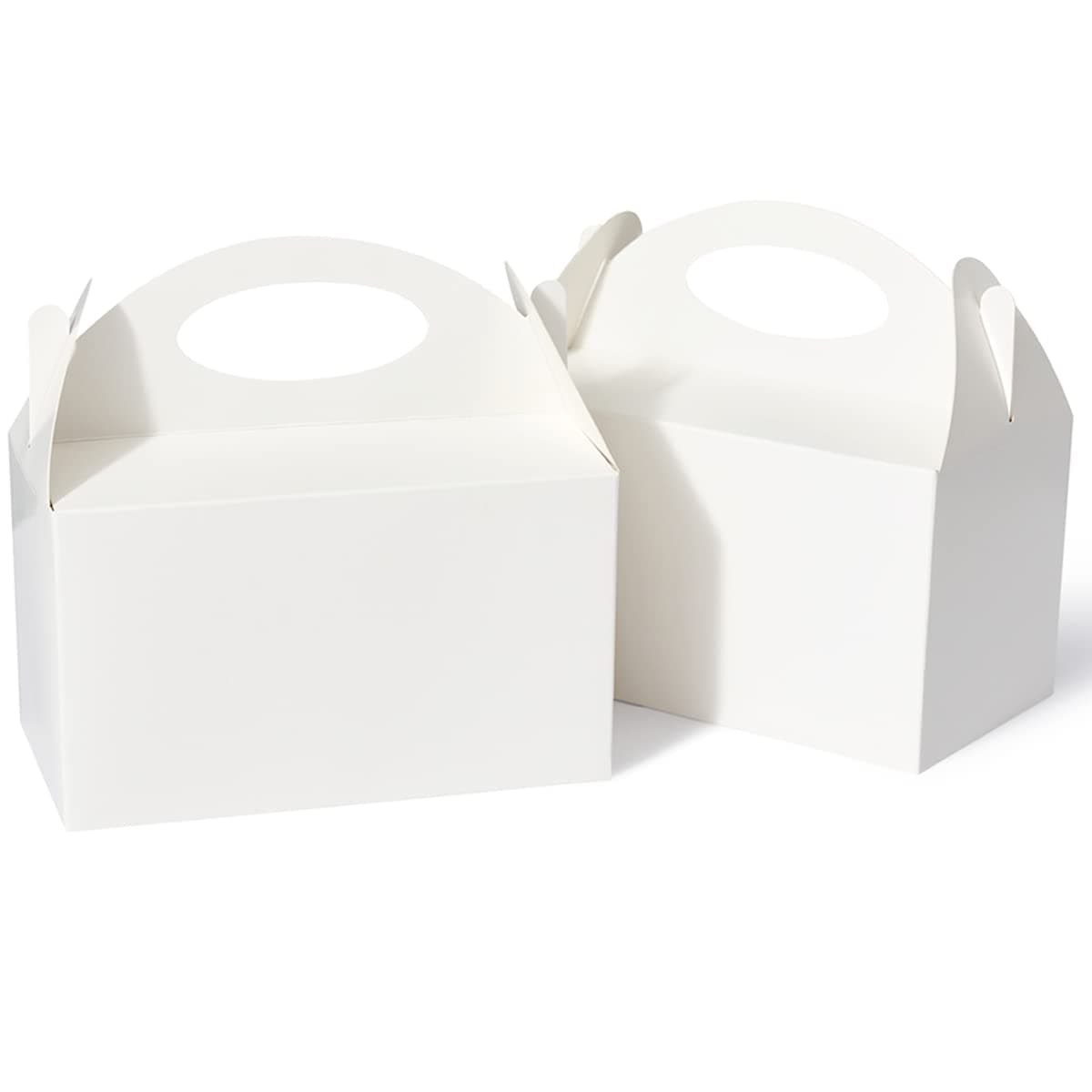 Happyhiram 50 Pcs Party Treat Boxes White 6 Inch Candy Boxes with Handle Paper Cookie Gift Snack Goodie Bags for Kids Birthday Baby Shower Wedding