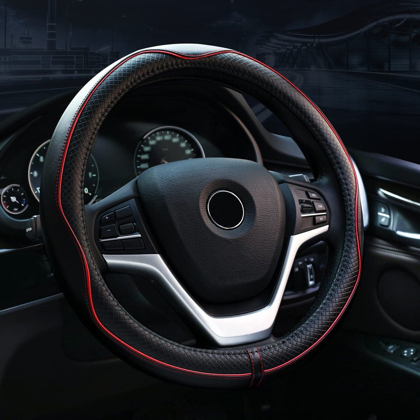 Valleycomfy Steering Wheel Covers Universal 15 inch Genuine Leather Breathable Anti Slip Odor Free Black with Red Lines M14 1215 14