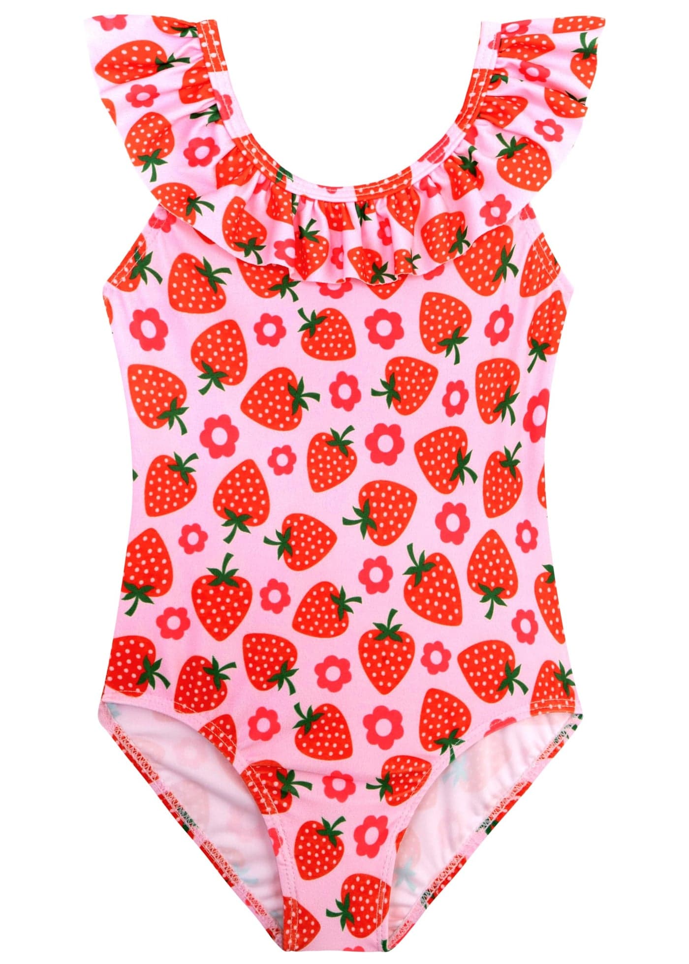 XiaoMoSha Girls Swimsuits Ruffled Round Neck One Piece Bathing Suits for Girls Quick Dry UPF 50+ Sun Protection Swimwears Summer Hawaii Beach Wear for Kids Cute Strawberry 5t Size 6