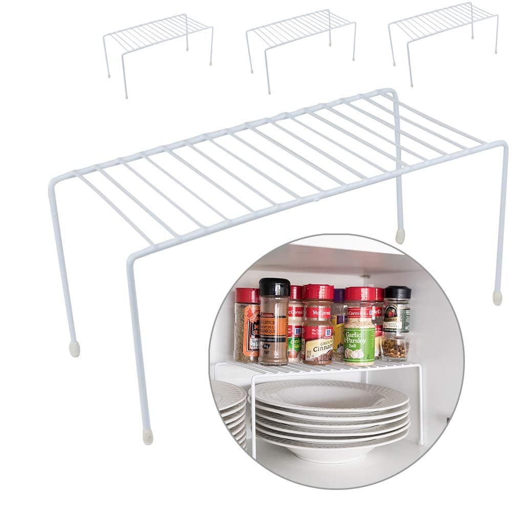 Evelots Kitchen Cabinet Wire Shelf OrganizerRack 4 Pack Sturdy Metal Shelf Risers Double Your Counter Space Great for Kitchen Freezer Pantry and Bathroom Rustproof White