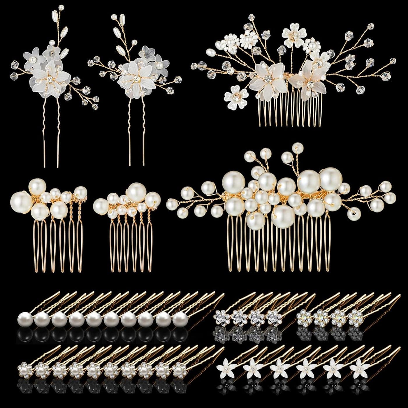 40 Pieces Bridal Hair Accessories Gold White Flower Clips UShaped Pearl Crystal Rhinestone Pins Rose Glitter Headpiece for Women and Girls