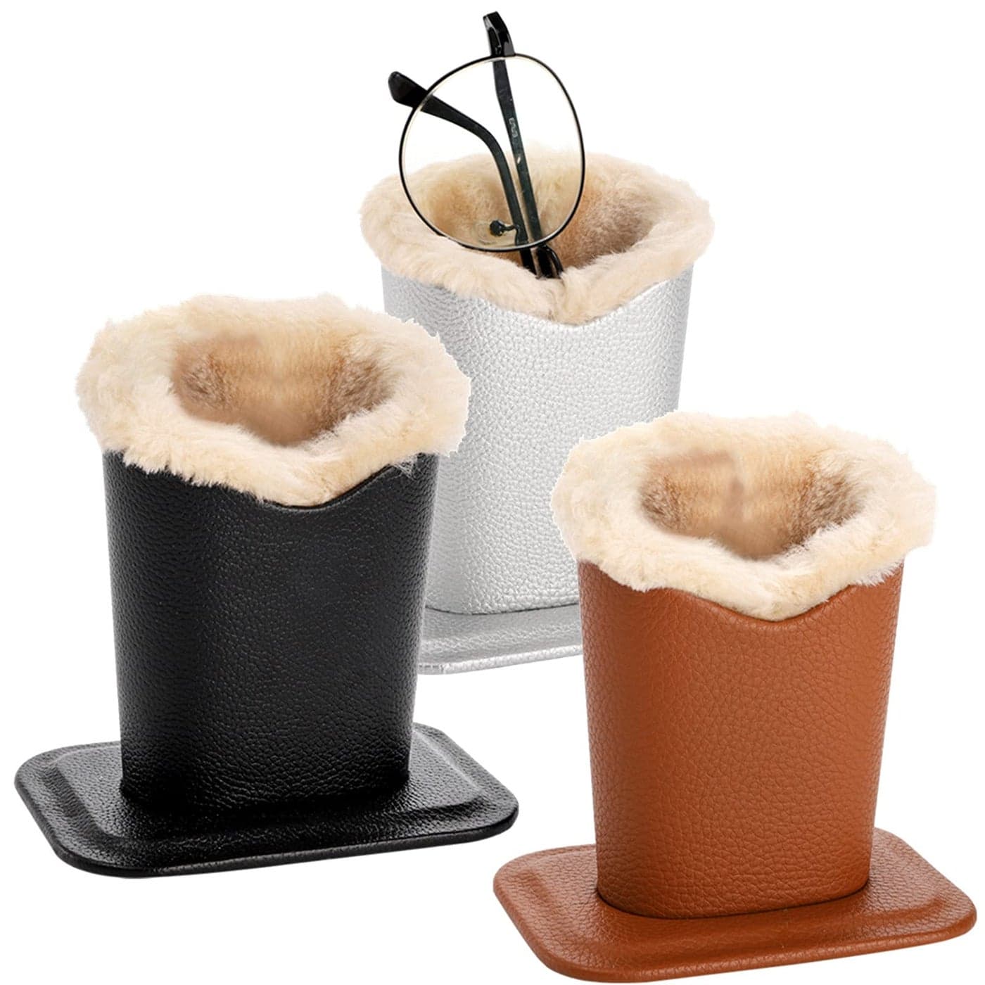 ZOOFOX 3 Pack Eyeglass Holder PU Leather Glasses Display Stand Plush Lined with Base for Desks Nightstands