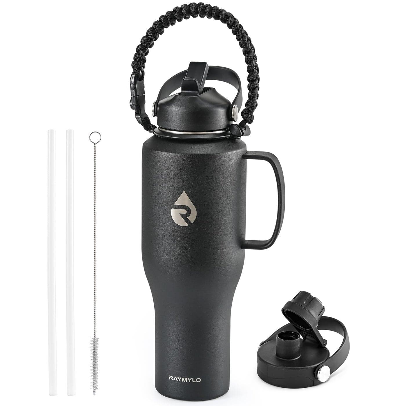 RAYMYLO Insulated Water Bottle 40oz Cold for 48 Hrs Stainless Steel Water Bottle with Handle Straw Lid Paracord Handle Triple Wall Vacuum Leakproof Travel Flask Fit in Any Car Cup Holder