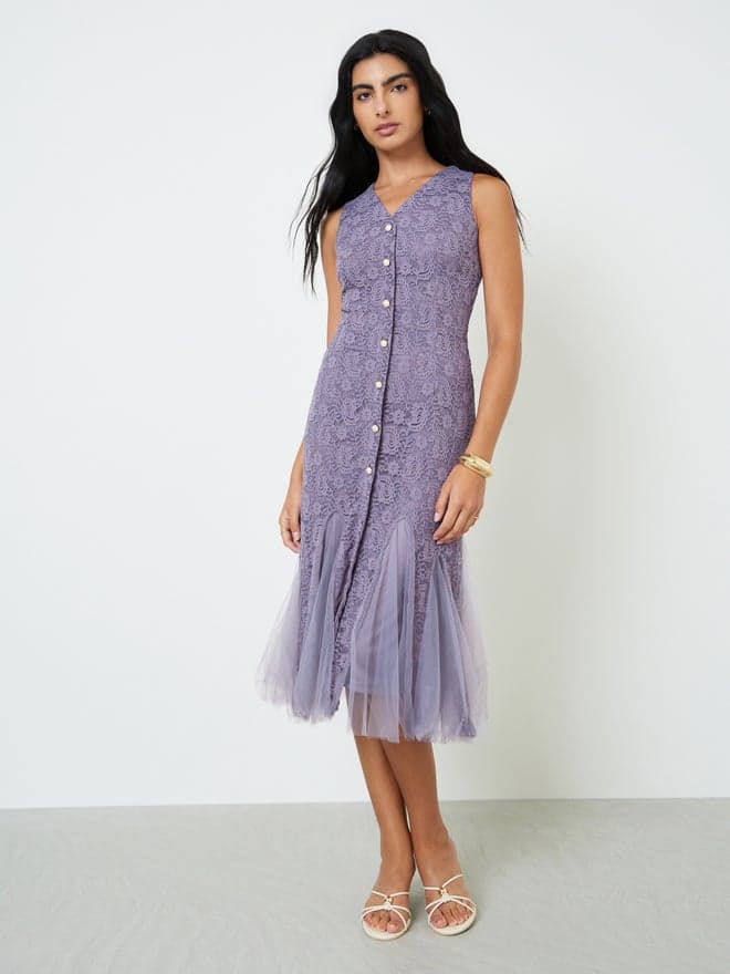 Styli Purple Lace Sleeveless Mermaid Hem Midi Dress