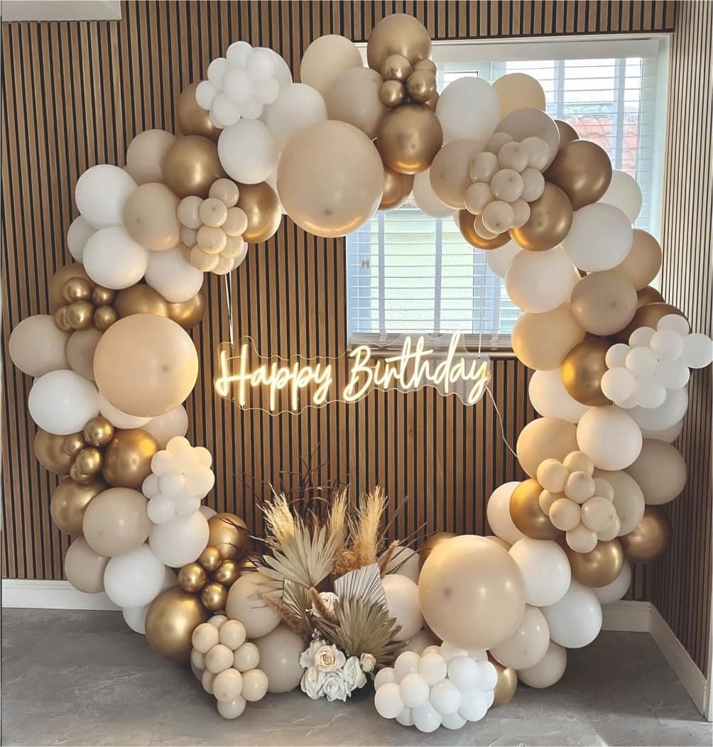 YOURS DECOR Happy Birthday Balloons Decoration Kit - 47 Pcs White, Golden Chrome & Sand White Balloon Garland Set for Birthday Parties & Celebrations | Birthday Decoration for Kids & Adults