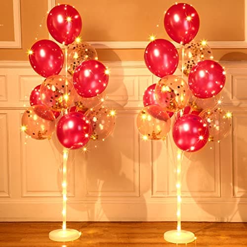 Sosation 2 Set Floor Balloon Column Stand Kit with 40 Balloons and LED Light Holder Ideal for Graduation Birthday Wedding Baby Shower Party Decor SuppliesRose Red