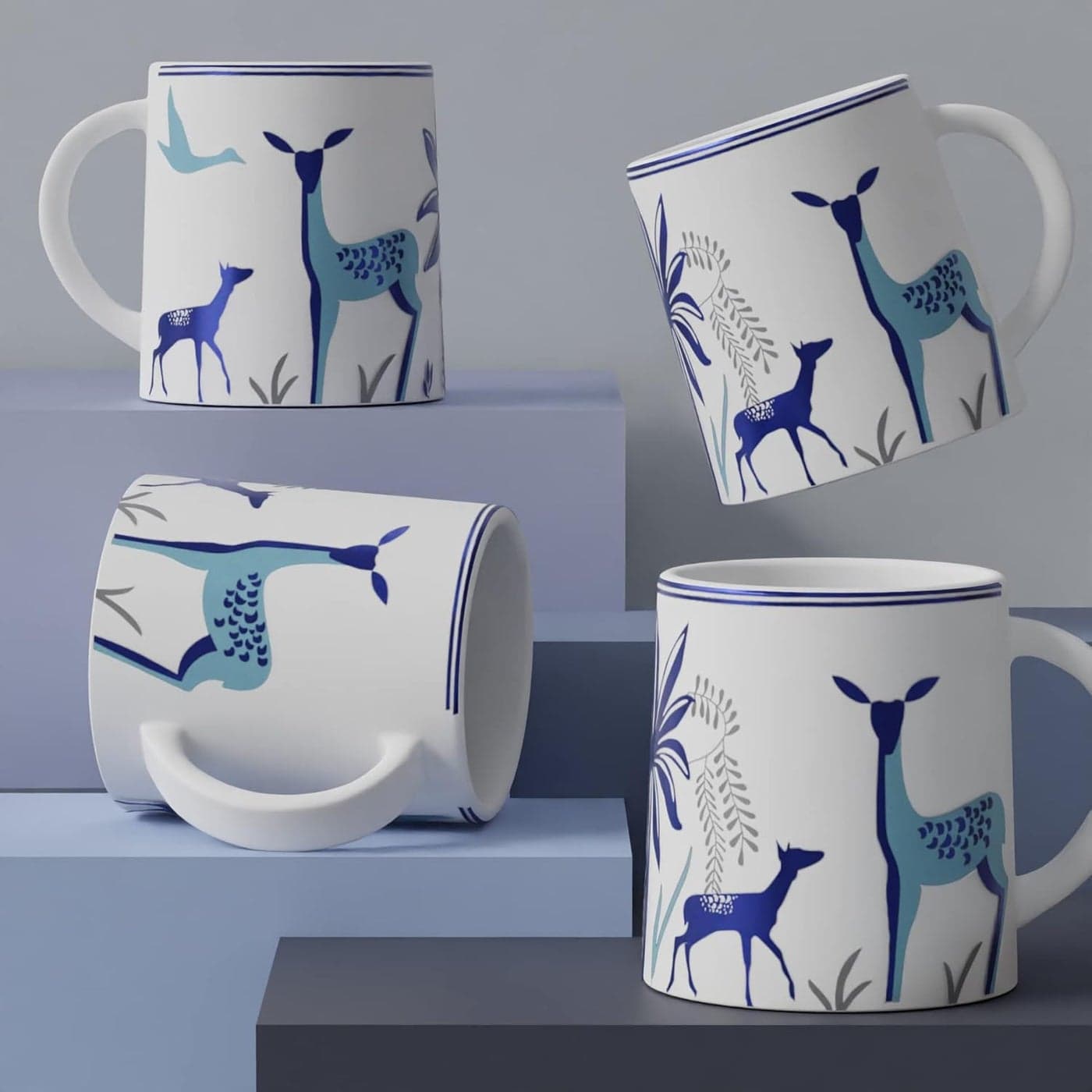 The Earth Store Stag Blue Coffee Mug Set of 4 to Gift to Best Friends Coffee Mugs Microwave Safe Ceramic Mugs300 ml Each